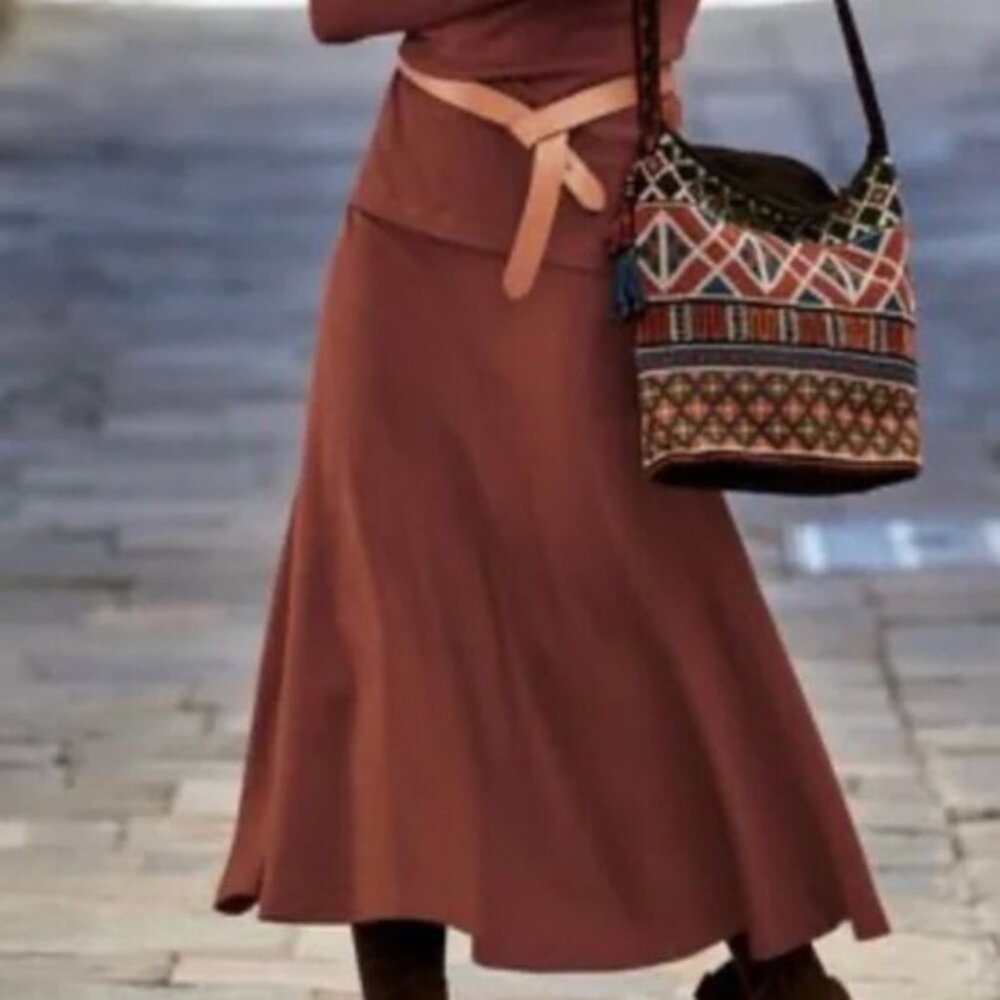 Peruvian Connection Size Medium Pima Cotton Flare Midi Skirt in Rust